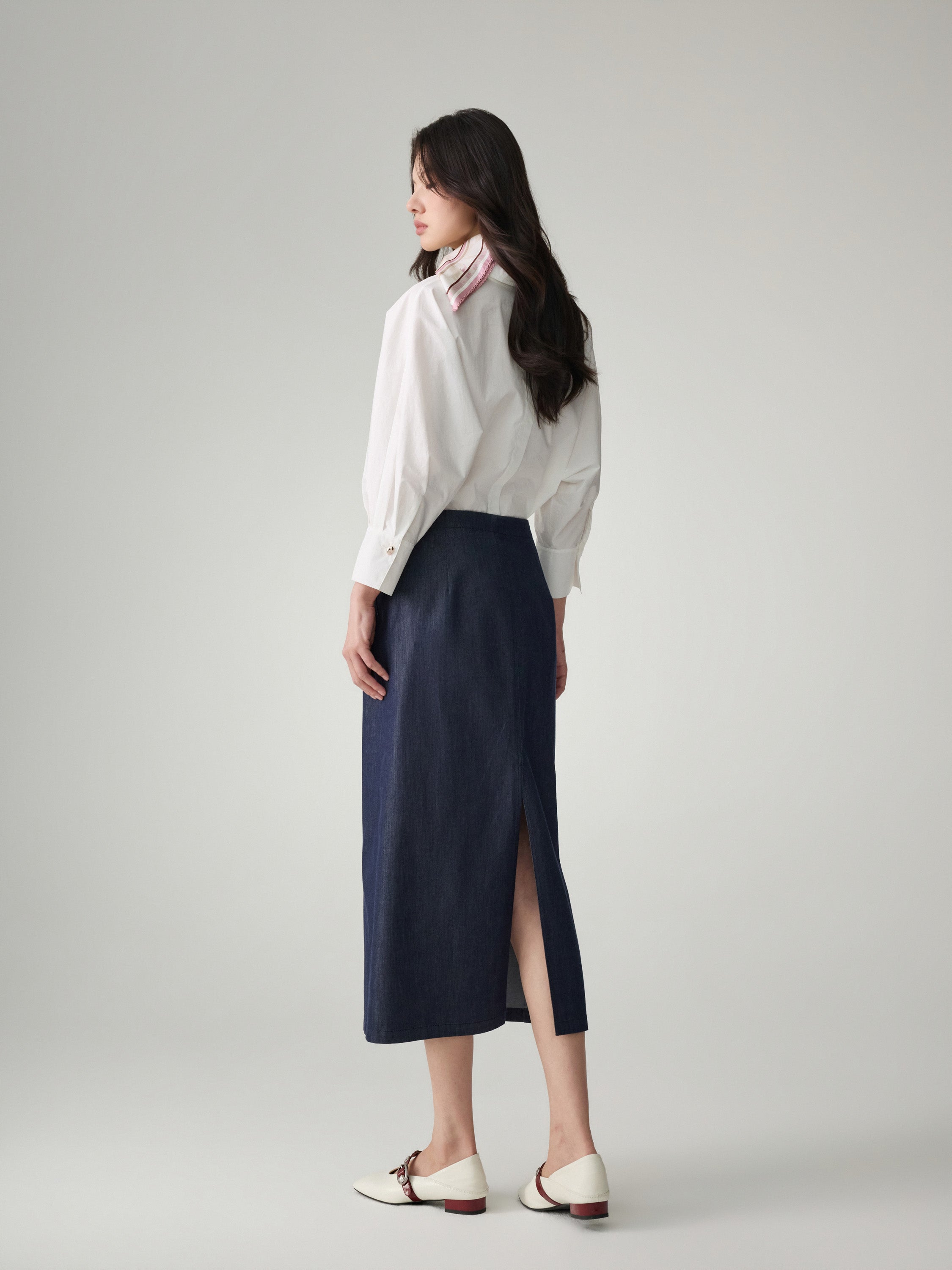 EP YAYING Cotton-Blend Front Slit Midi Skirt