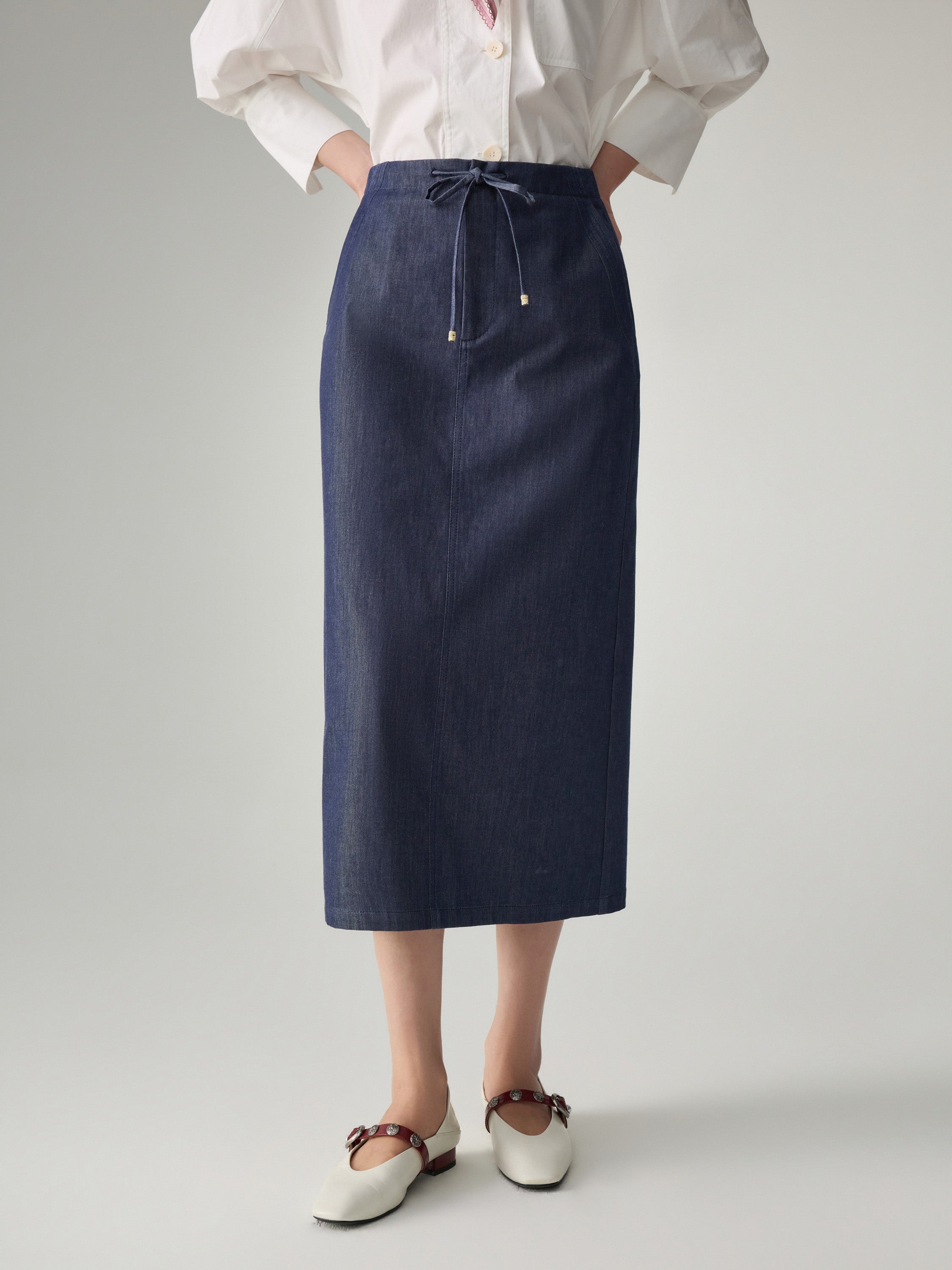 EP YAYING Cotton-Blend Front Slit Midi Skirt