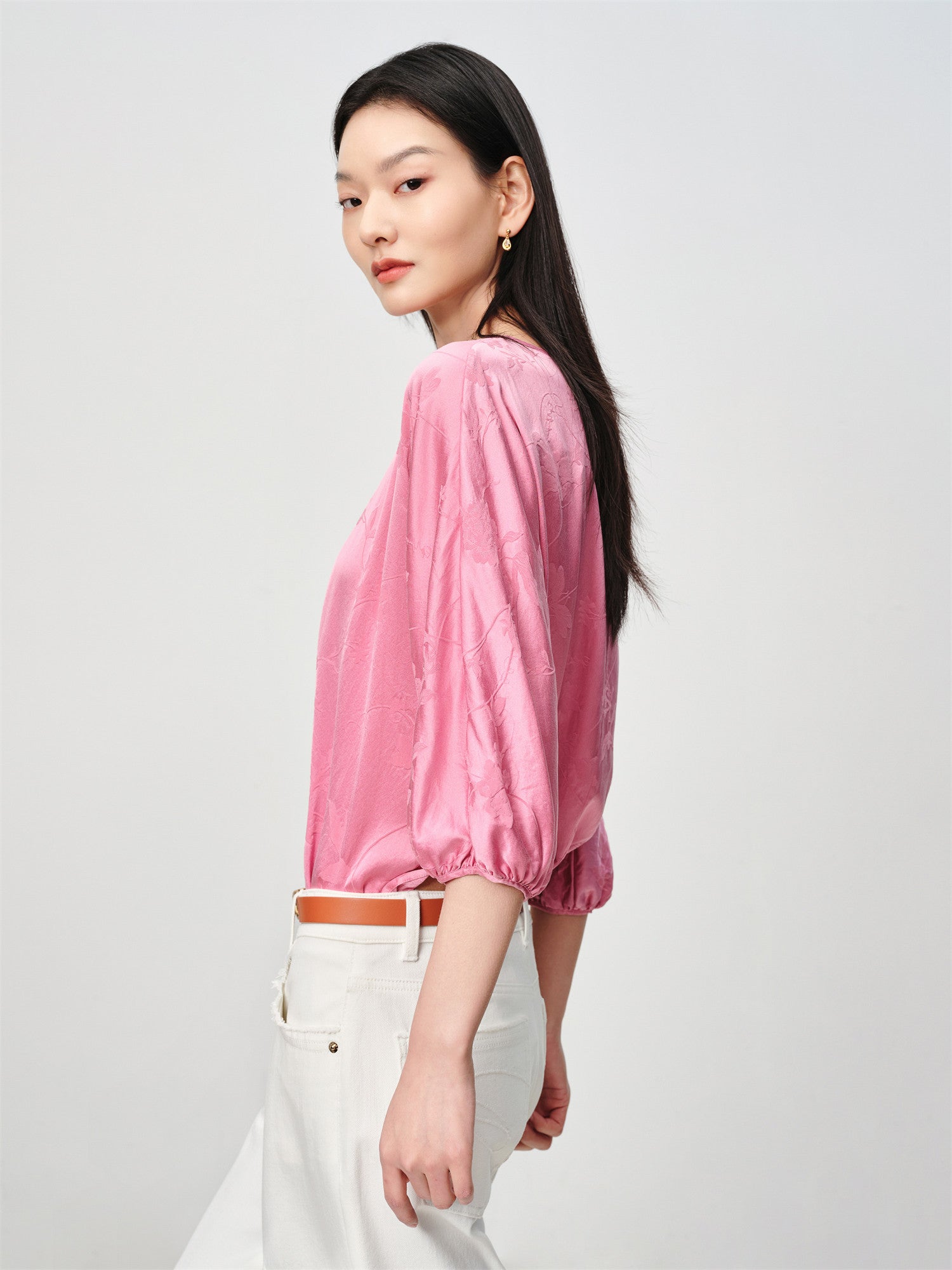 EP YAYING Silk Jacquard Crew Neck Shirt EGKES2243AF