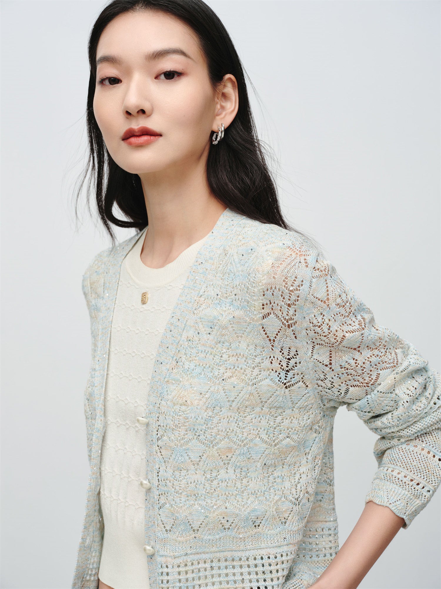 EP YAYING Hollow Fitted Knit Cardigan EGKEH9137AB