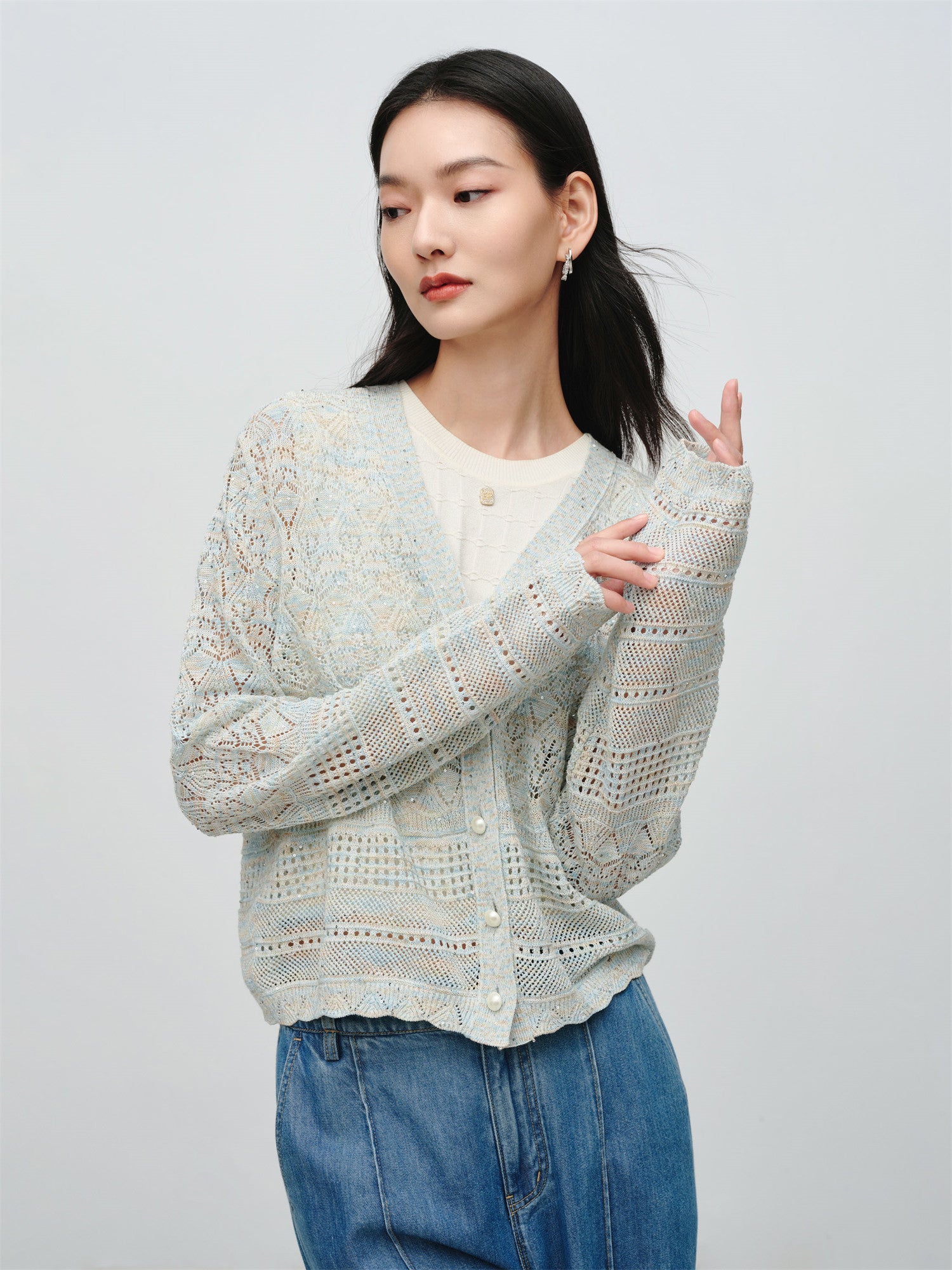 EP YAYING Hollow Fitted Knit Cardigan EGKEH9137AB