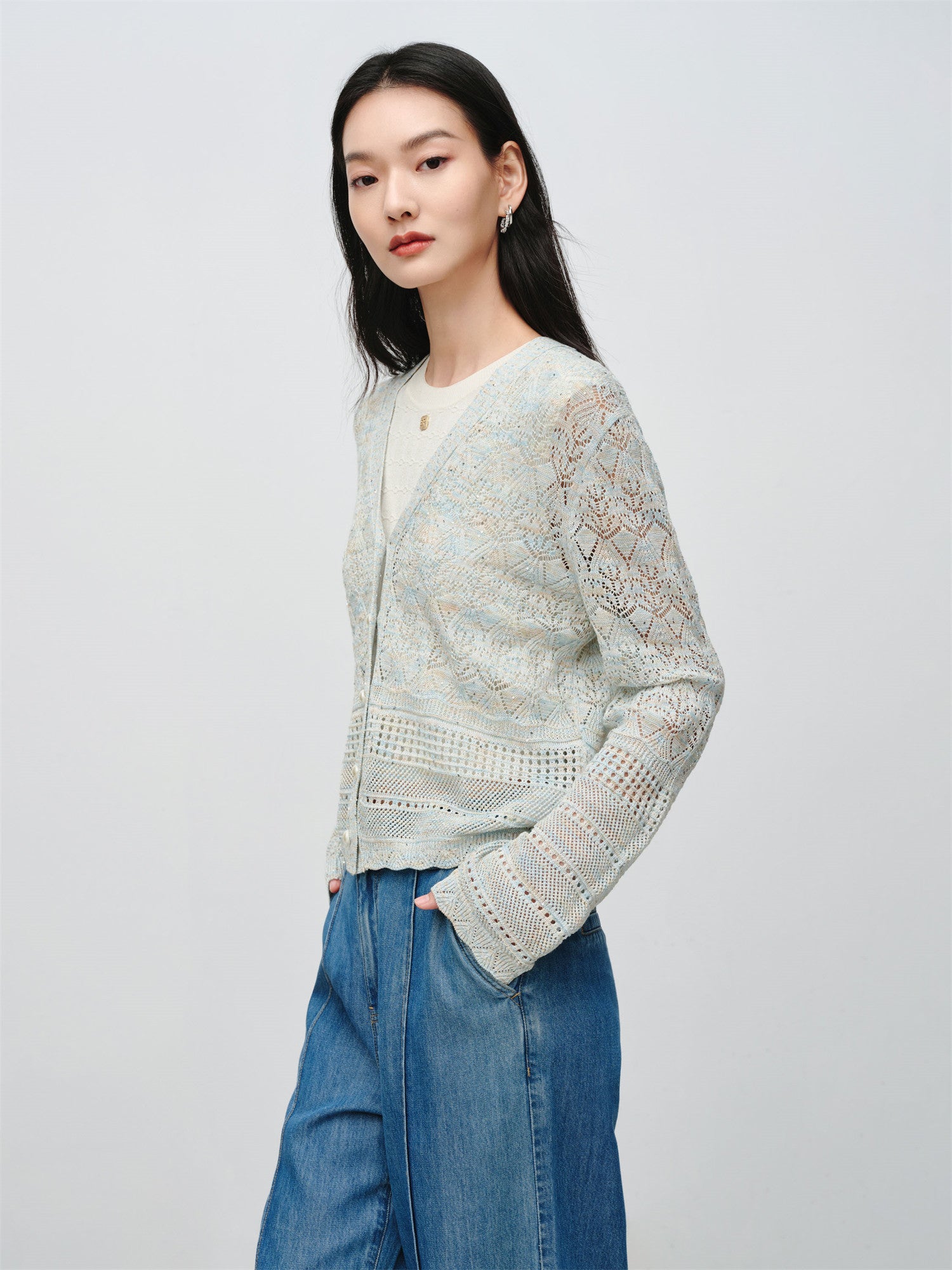 EP YAYING Hollow Fitted Knit Cardigan EGKEH9137AB