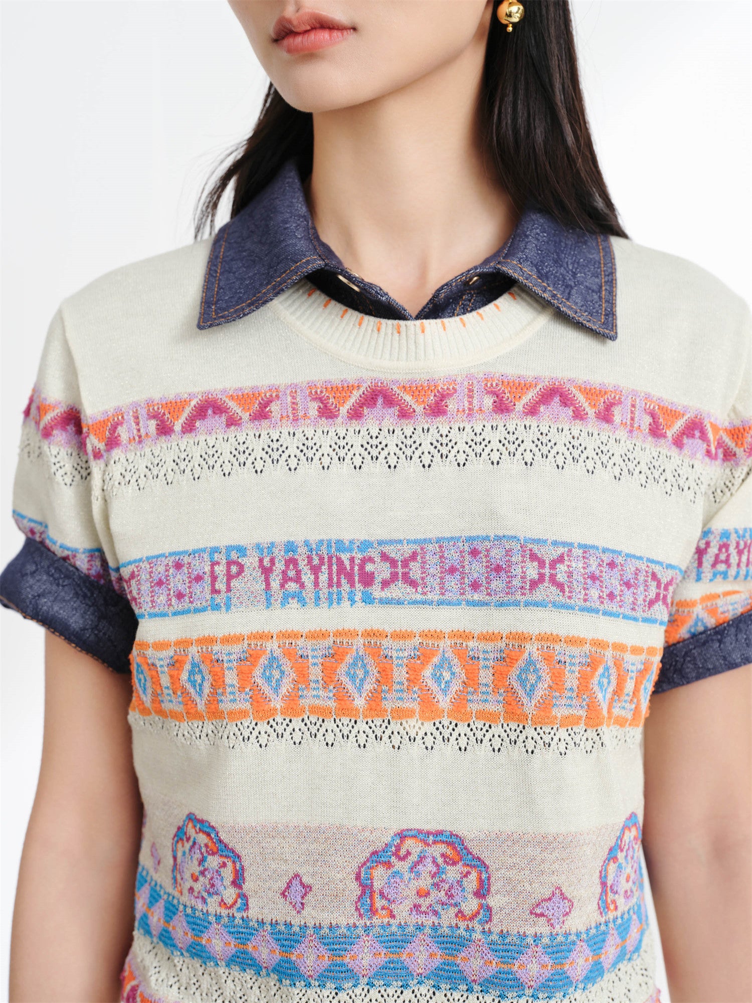 EP YAYING Striped Jacquard Knit T-Shirt EGKEH9507AM