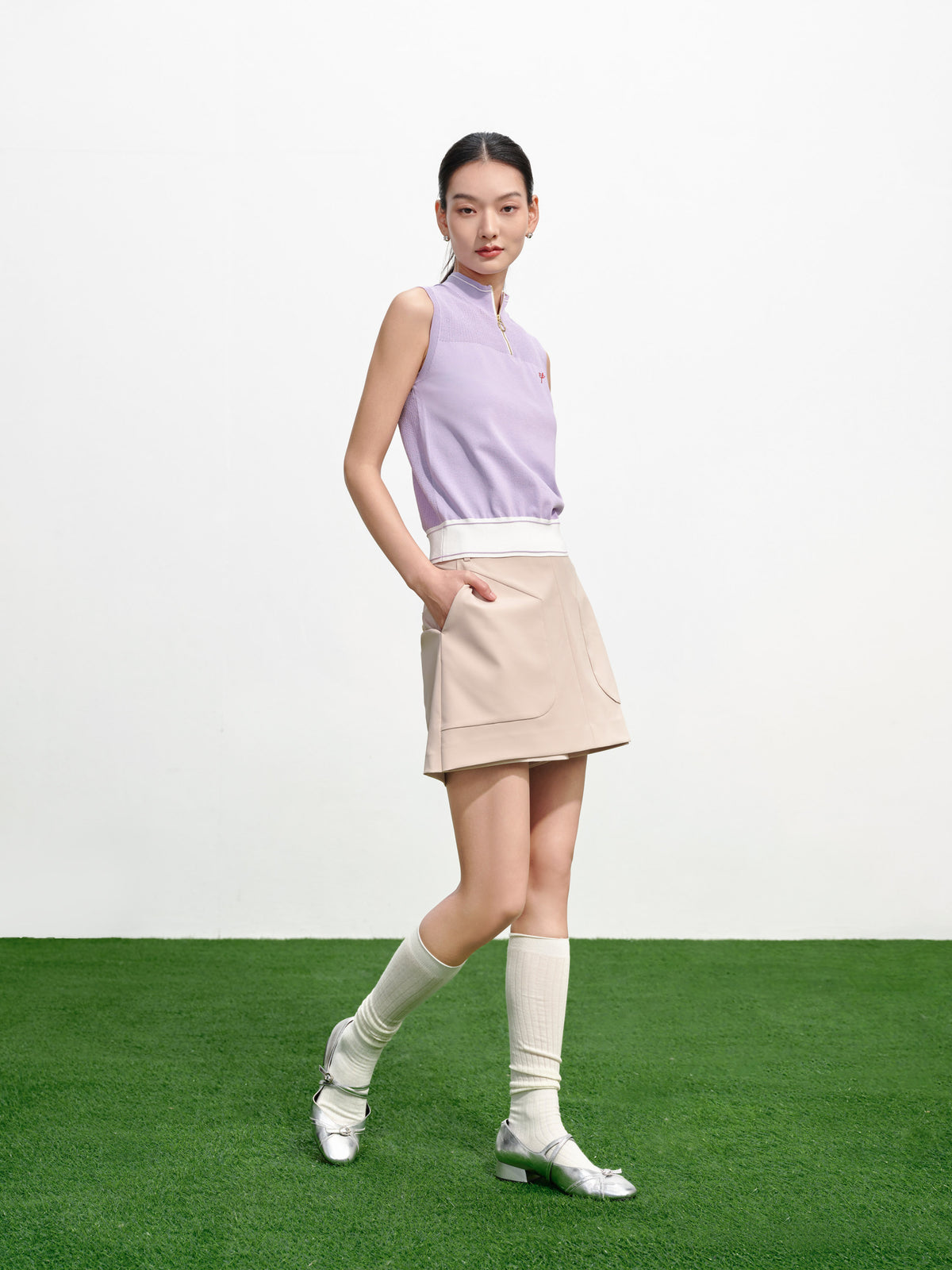 EP YAYING Turtleneck Embroidered Color-Block Casual Sleeveless Knit Top Top