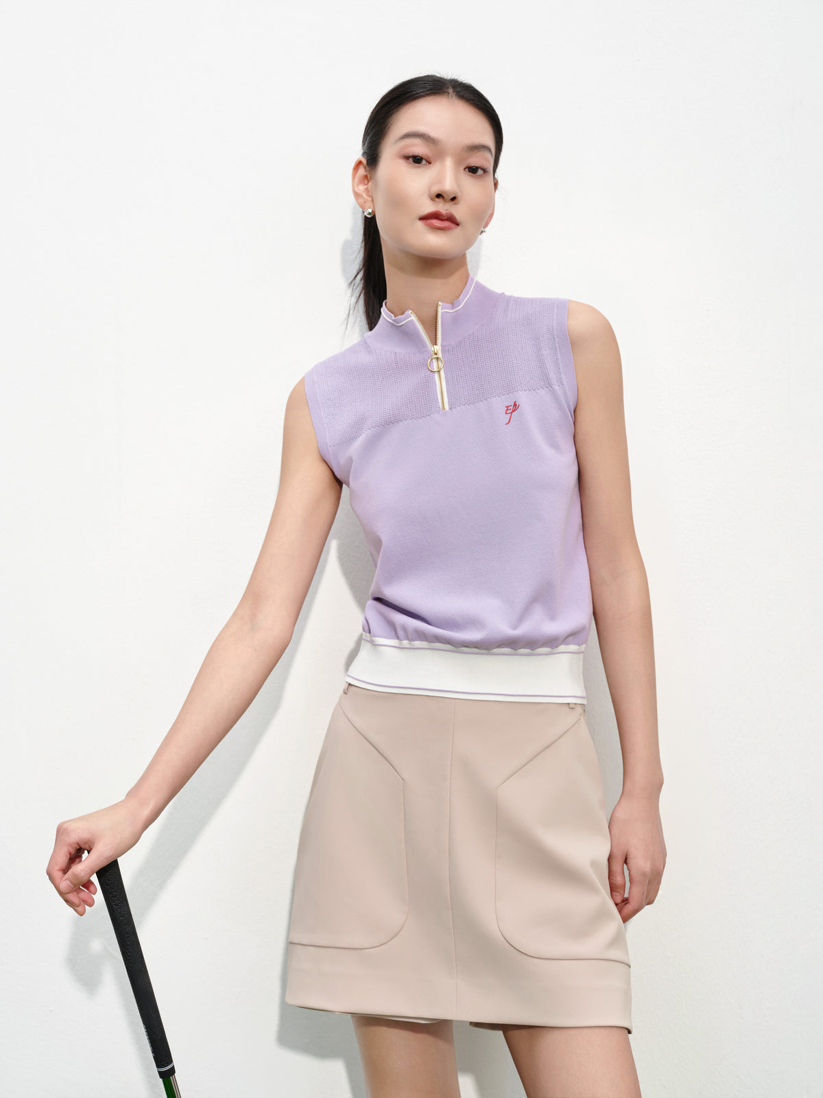 EP YAYING Turtleneck Embroidered Color-Block Casual Sleeveless Knit Top Top