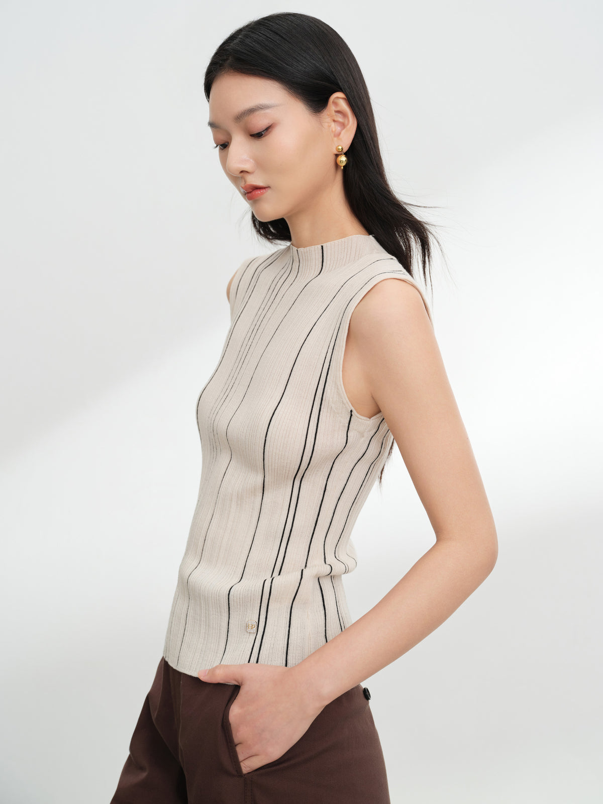EP YAYING Wool Striped Slimming Sleeveless Knit Vest