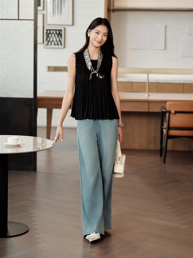 YAYING Mulberry Silk Blend Stretch Wide-Leg Jeans