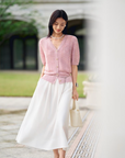 YAYING Silk-Cotton Wave Knit V-Neck Cardigan