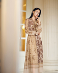 YAYING 100% Silk Floral Print Tie-Neck Midi Dress