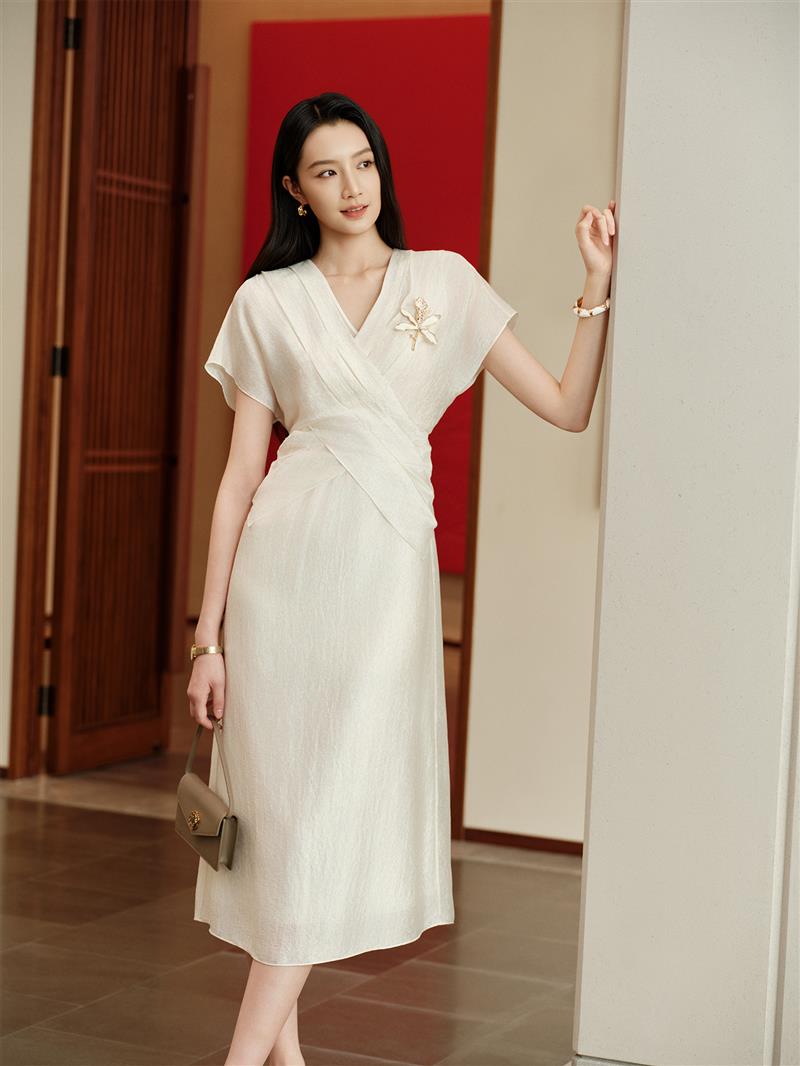 YAYING Elegant Acetate Satin Faux Two-Piece V-Neck Long Sleeve Midi Dress