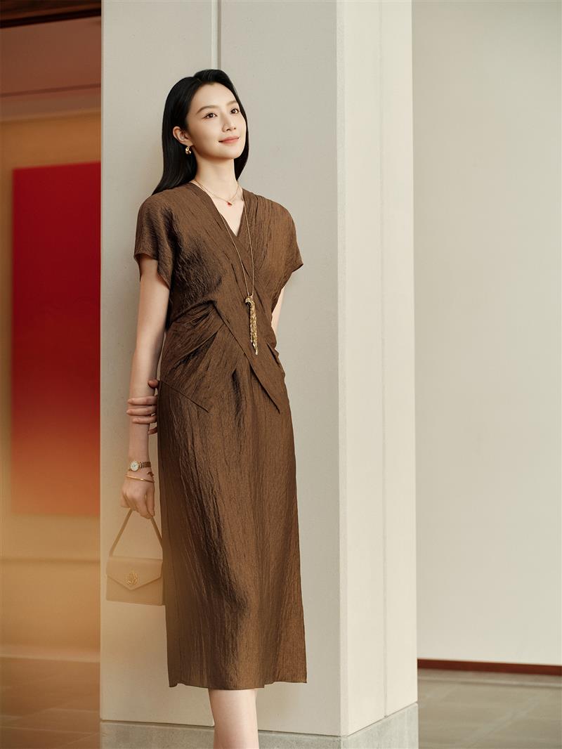 YAYING Elegant Acetate Satin Faux Two-Piece V-Neck Long Sleeve Midi Dress