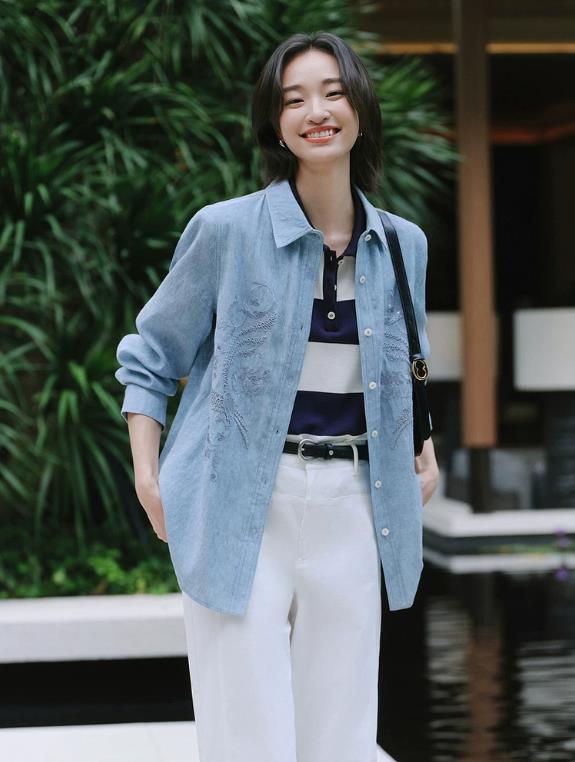 EP YAYING Linen Blend Relaxed Fit Embroidered Shirt