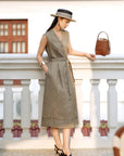 EP YAYING 100% Linen Geometric Print Waist-Cinching A-Line Dress
