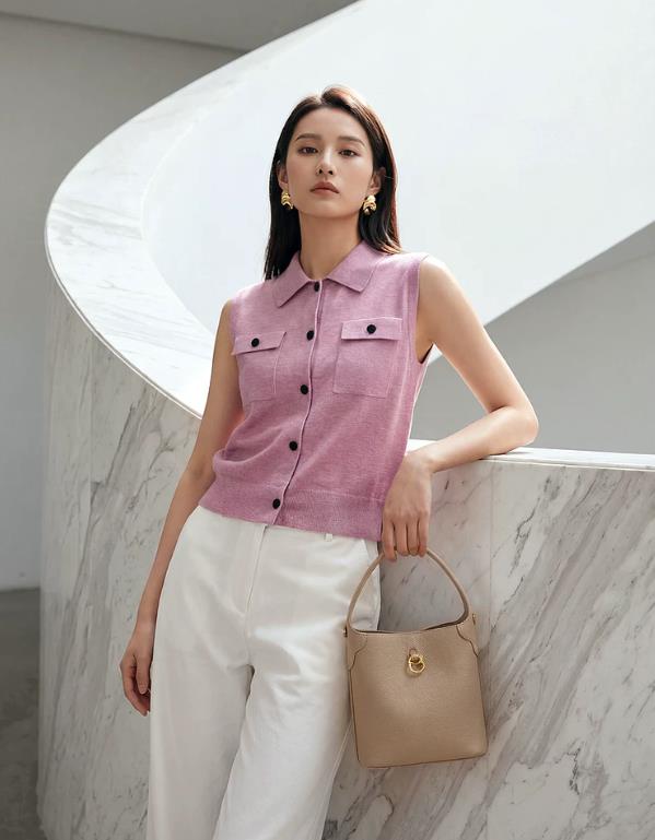 EP YAYING Polo Collar Knitted Button-Up Vest