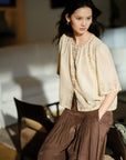 EP YAYING Printed Relaxed Fit Shirt with Dropped Shoulders and V-Neck
