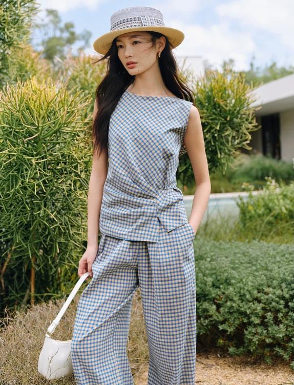 EP YAYING Cotton Check Pleated top