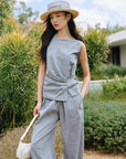 EP YAYING Cotton Check Pleated top