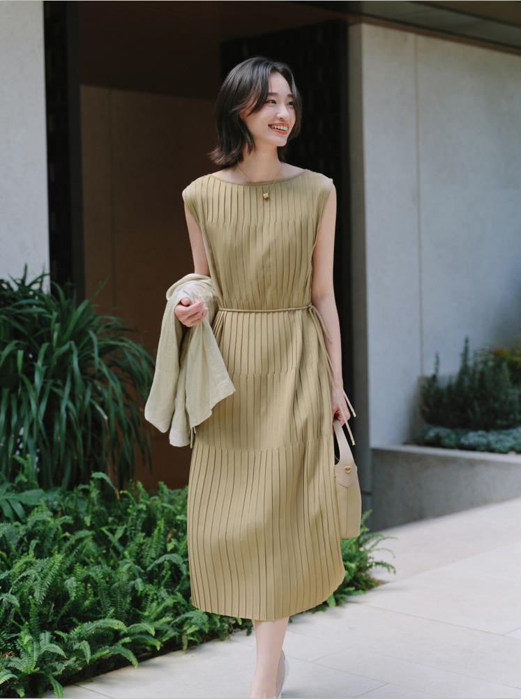 EP YAYING Elegant Pleated Waist-Cinching Sleeveless Dress