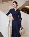 EP YAYING Blue V-Neck Pleated Dress EGLIW4623A
