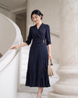 EP YAYING Blue V-Neck Pleated Dress EGLIW4623A