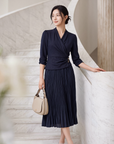 EP YAYING Blue V-Neck Pleated Dress EGLIW4623A