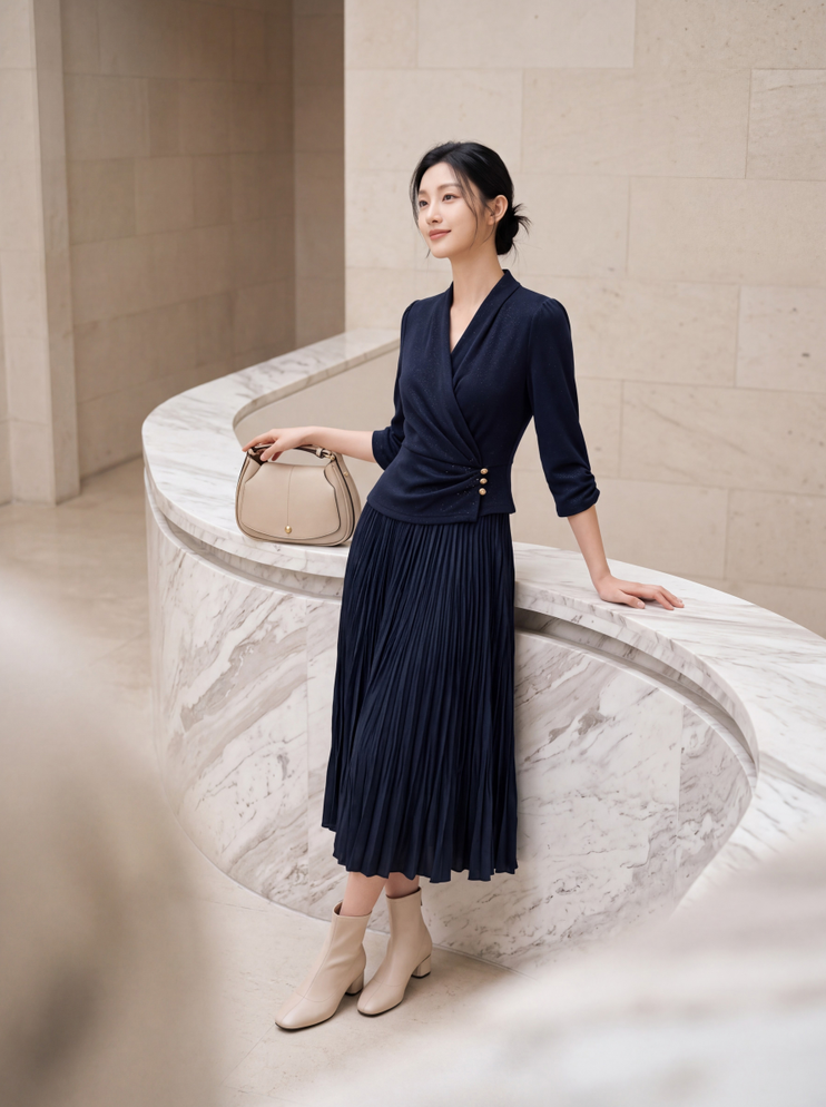 EP YAYING Blue V-Neck Pleated Dress EGLIW4623A