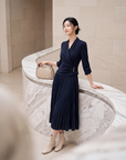 EP YAYING Blue V-Neck Pleated Dress EGLIW4623A