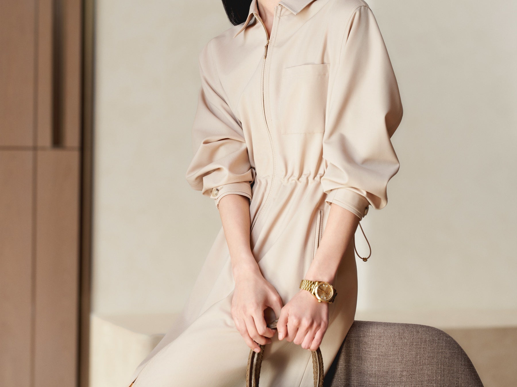 YAYING Cotton Wool Lapel Waist-Cinched Easy-Care Jacket