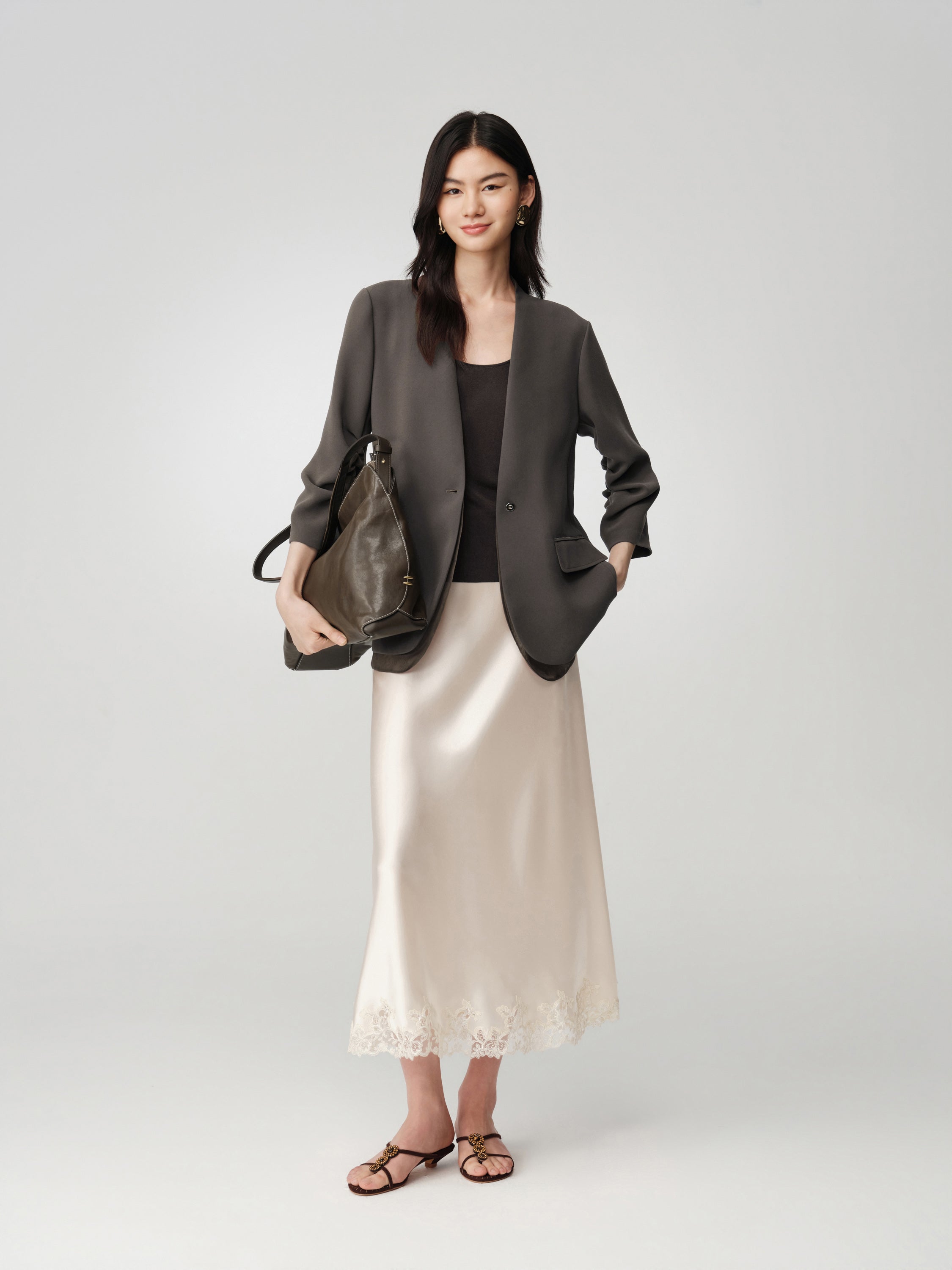 Triacetate Mock Two-Piece Collarless Blazer Jacket