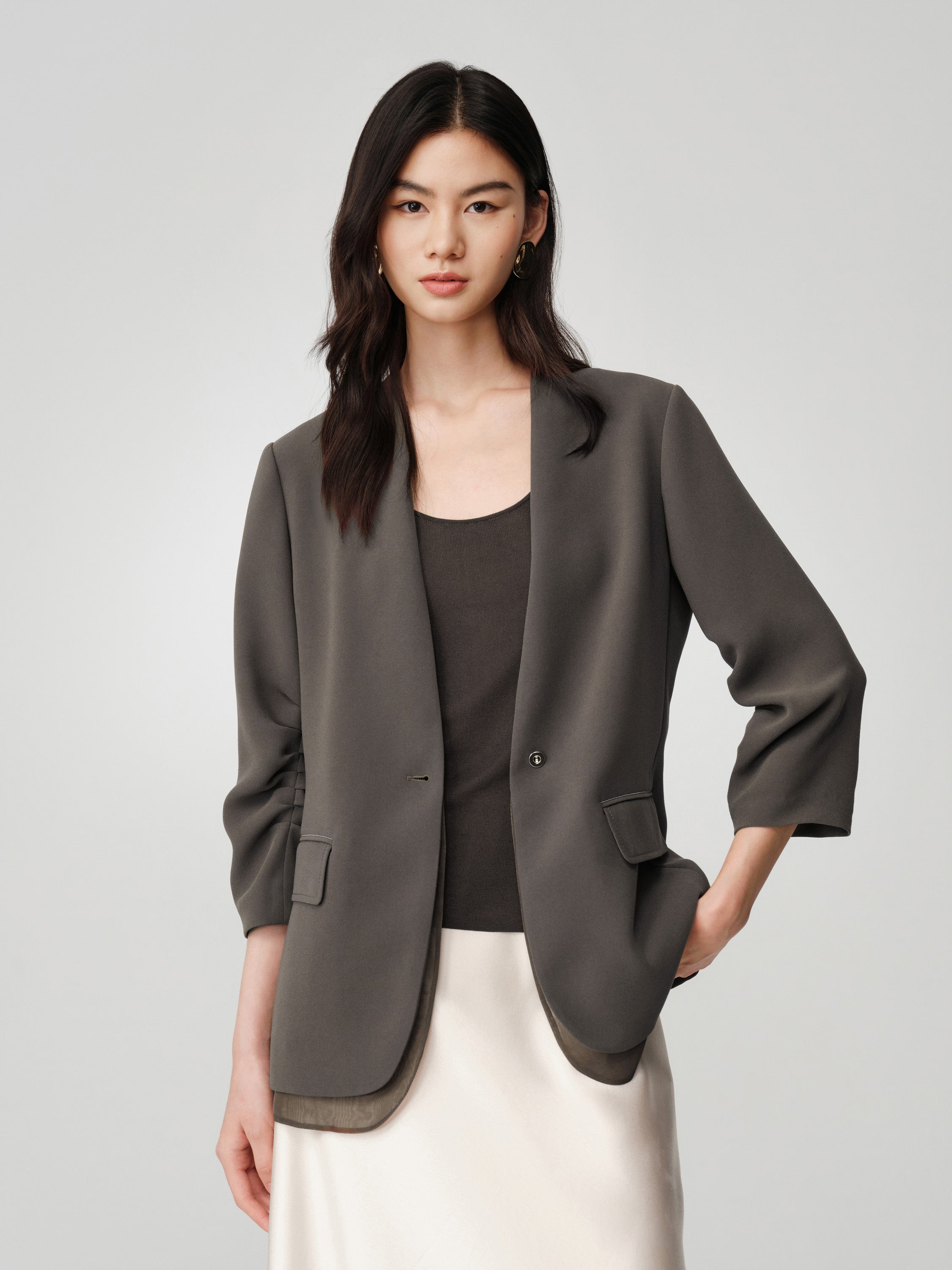 Triacetate Mock Two-Piece Collarless Blazer Jacket