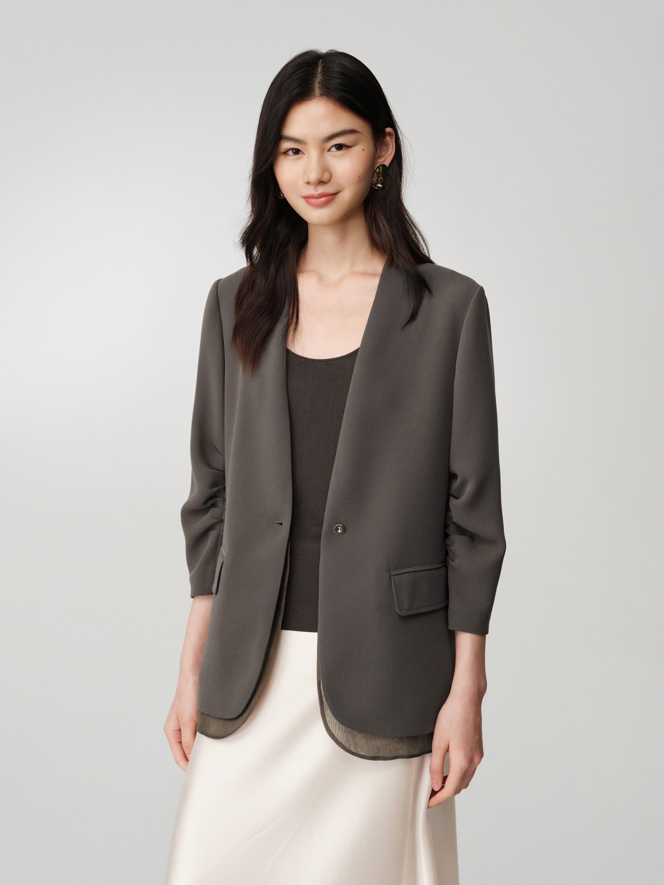 Triacetate Mock Two-Piece Collarless Blazer Jacket