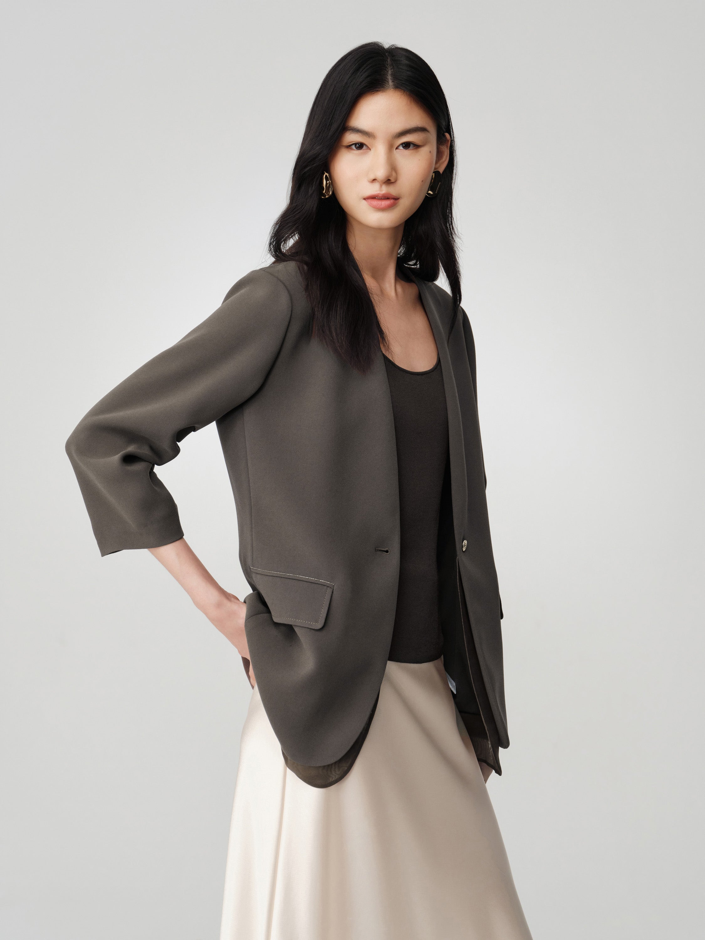 Triacetate Mock Two-Piece Collarless Blazer Jacket