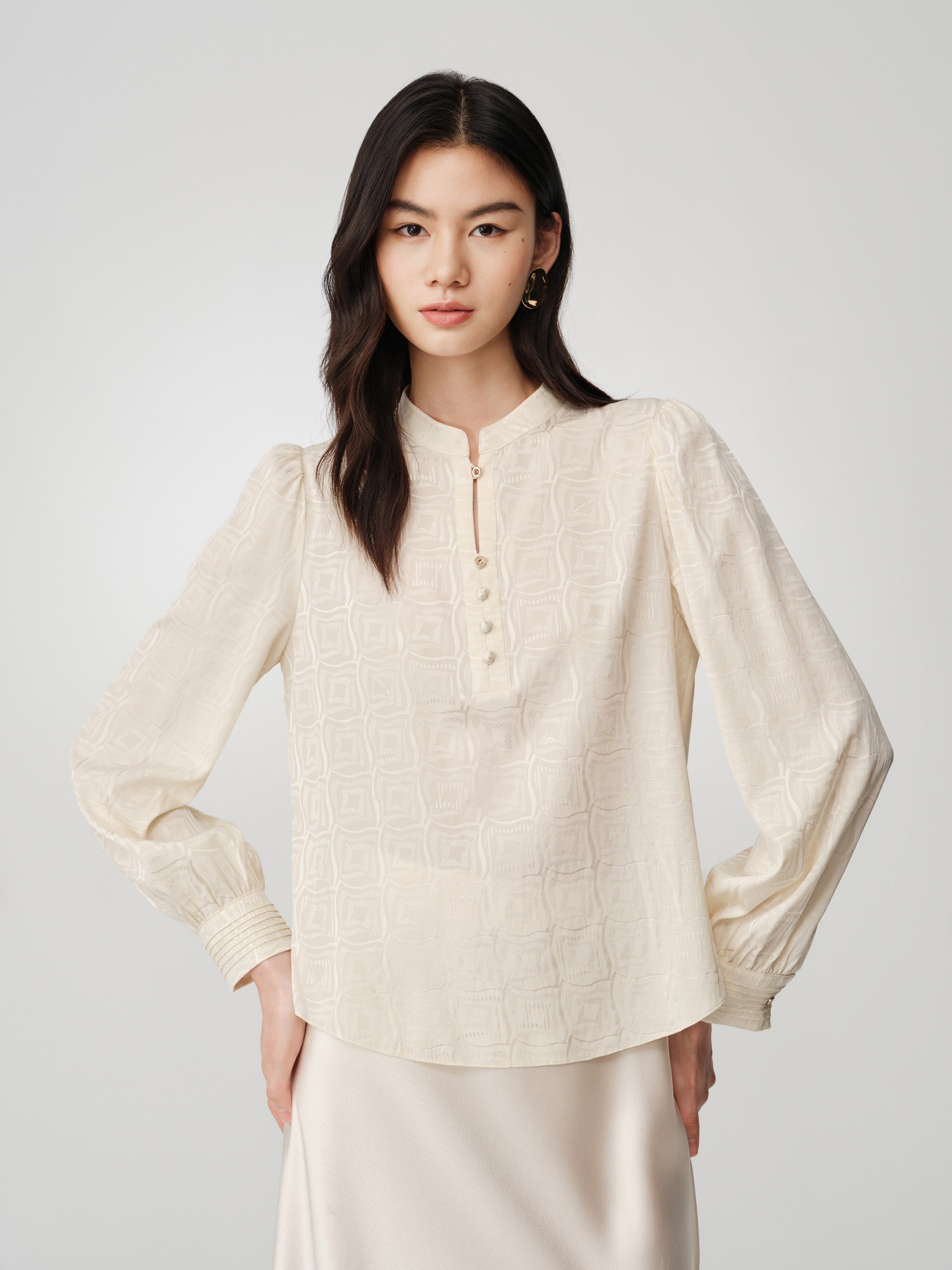 Serene Tone Quality Wardrobe Stretch Mulberry Satin Jacquard Mandarin Collar Silk Top