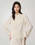 Serene Tone Quality Wardrobe Stretch Mulberry Satin Jacquard Mandarin Collar Silk Top