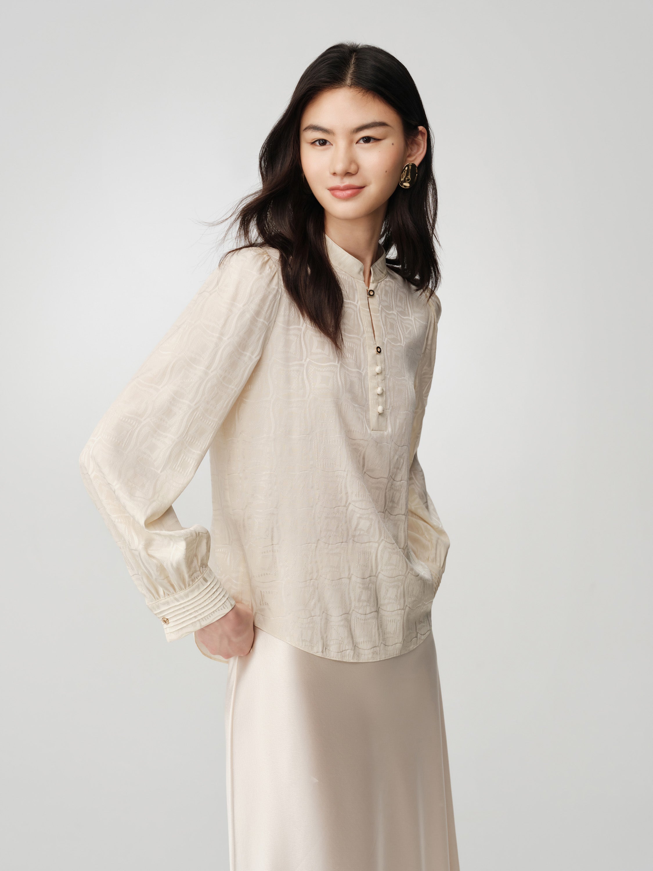 Serene Tone Quality Wardrobe Stretch Mulberry Satin Jacquard Mandarin Collar Silk Top