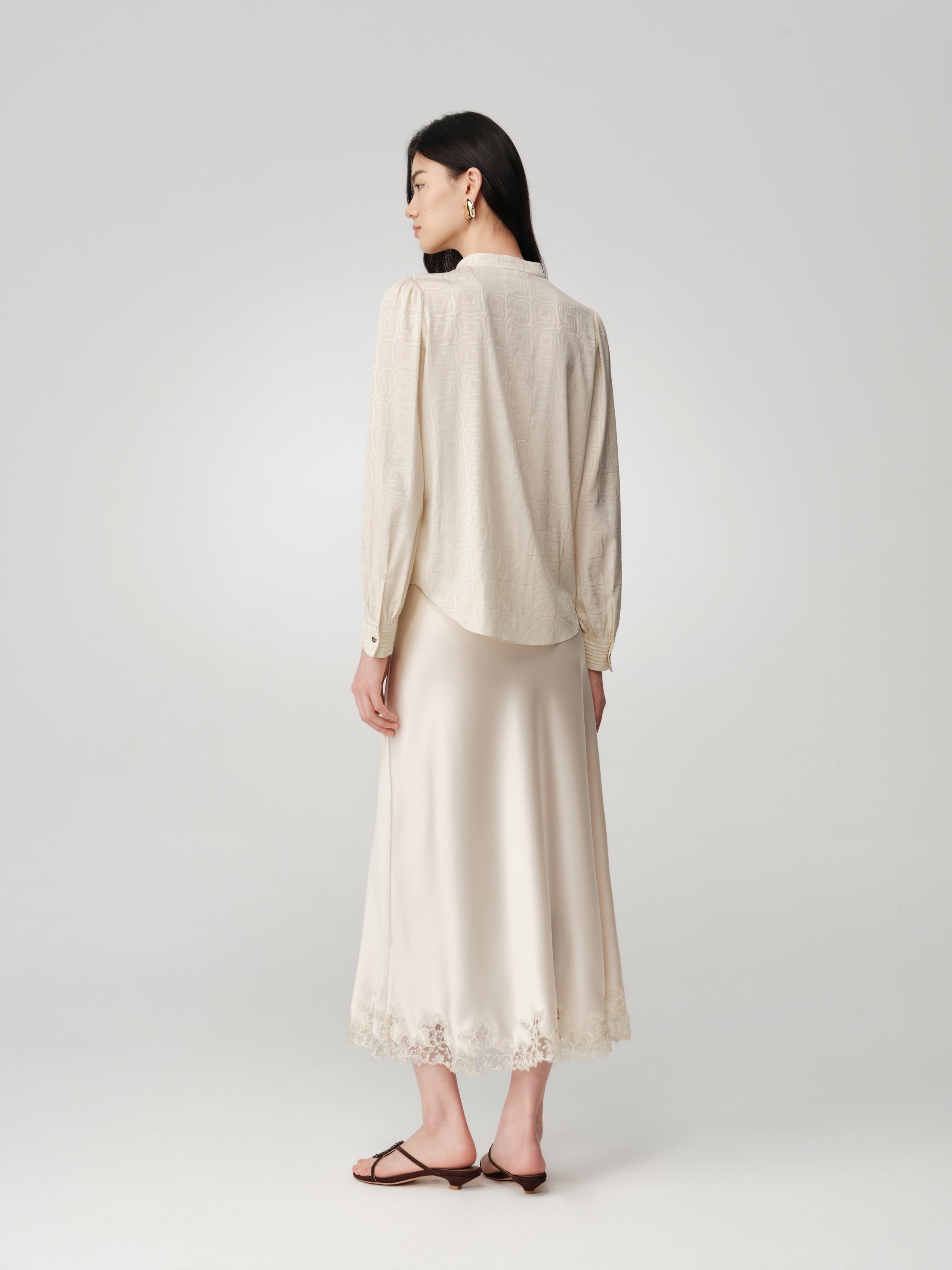 Serene Tone Quality Wardrobe Stretch Mulberry Satin Jacquard Mandarin Collar Silk Top