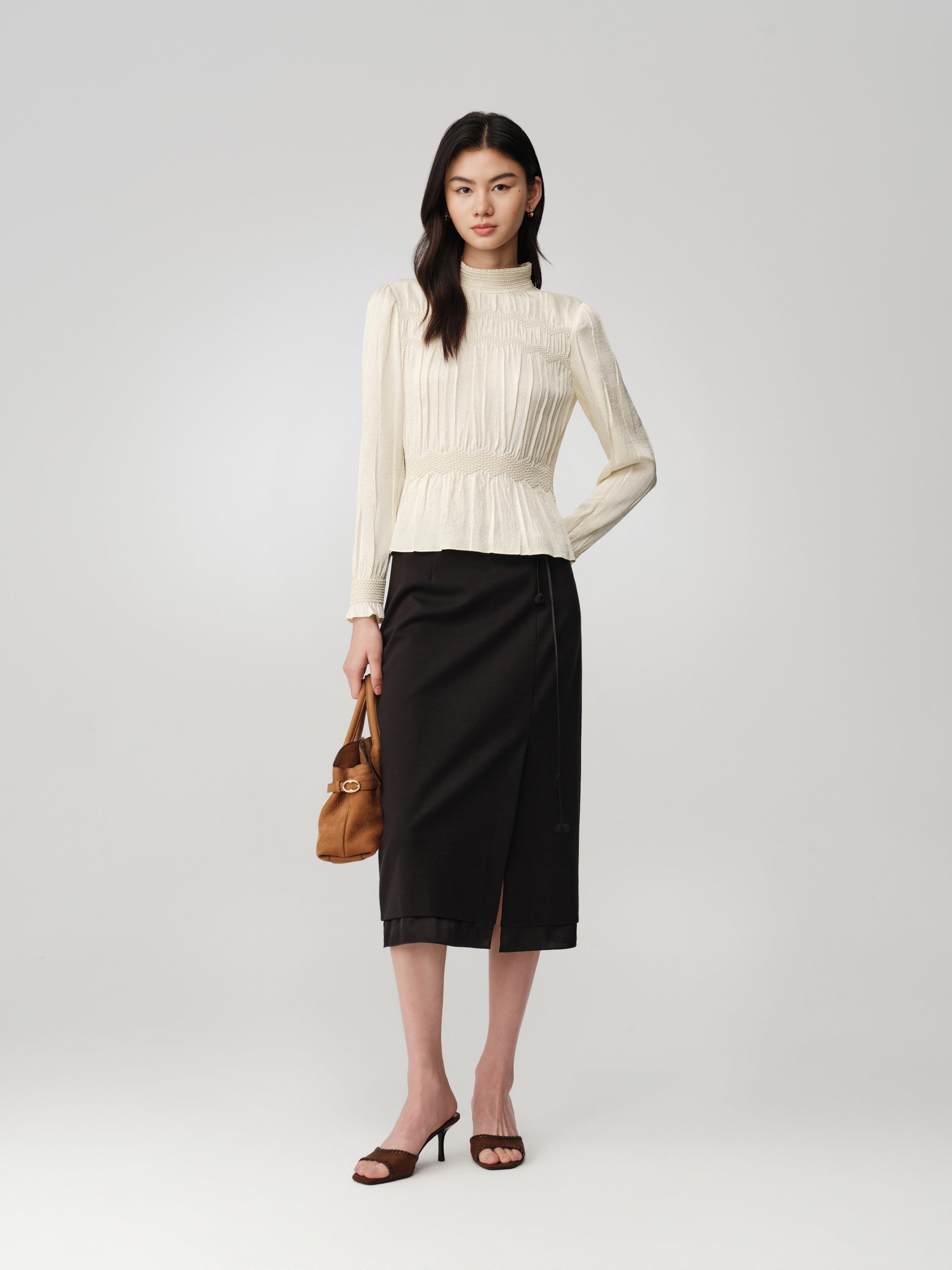 Silk Double-Face Satin Micro-Pleat Mandarin Collar Top