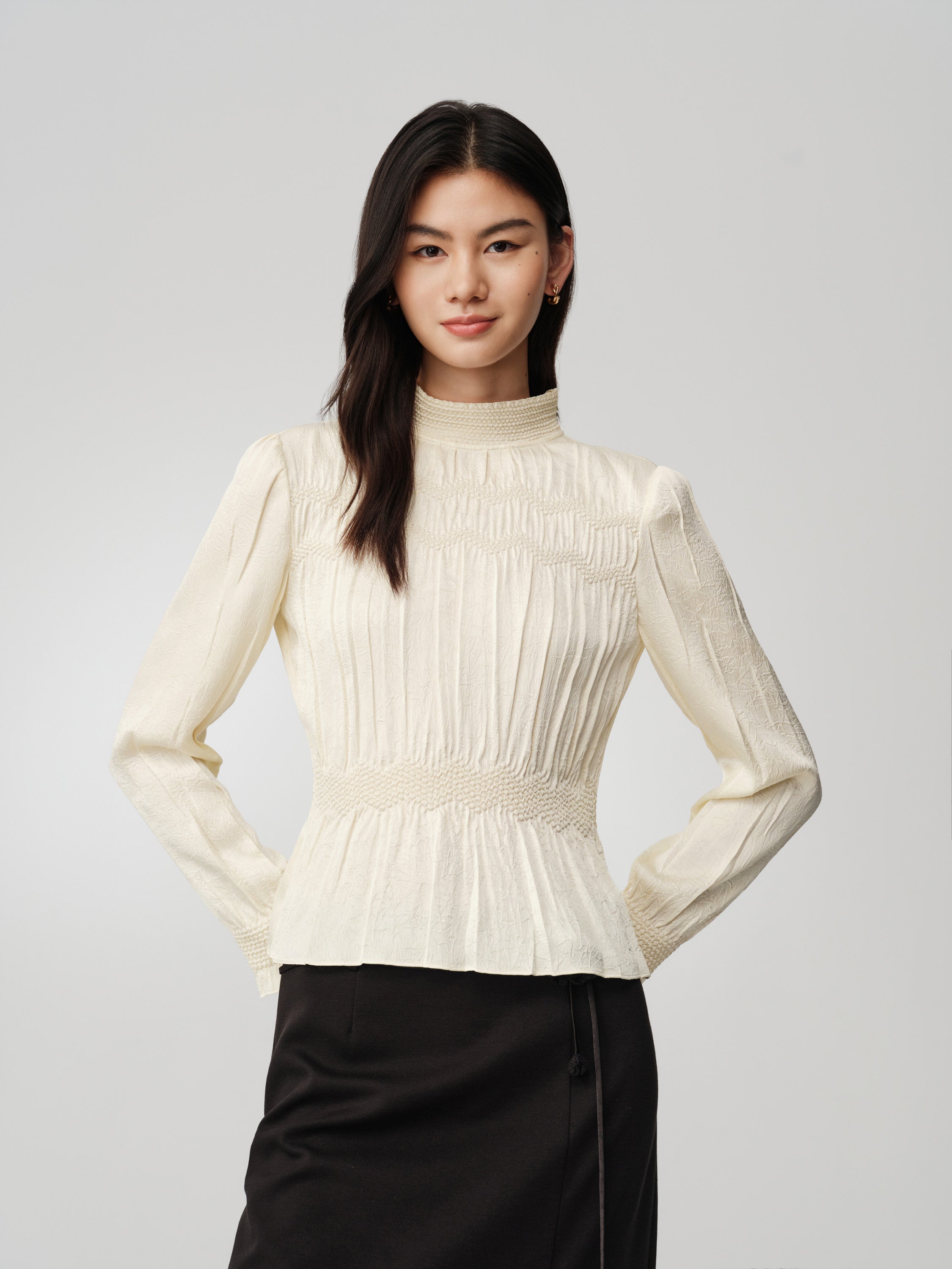 Silk Double-Face Satin Micro-Pleat Mandarin Collar Top