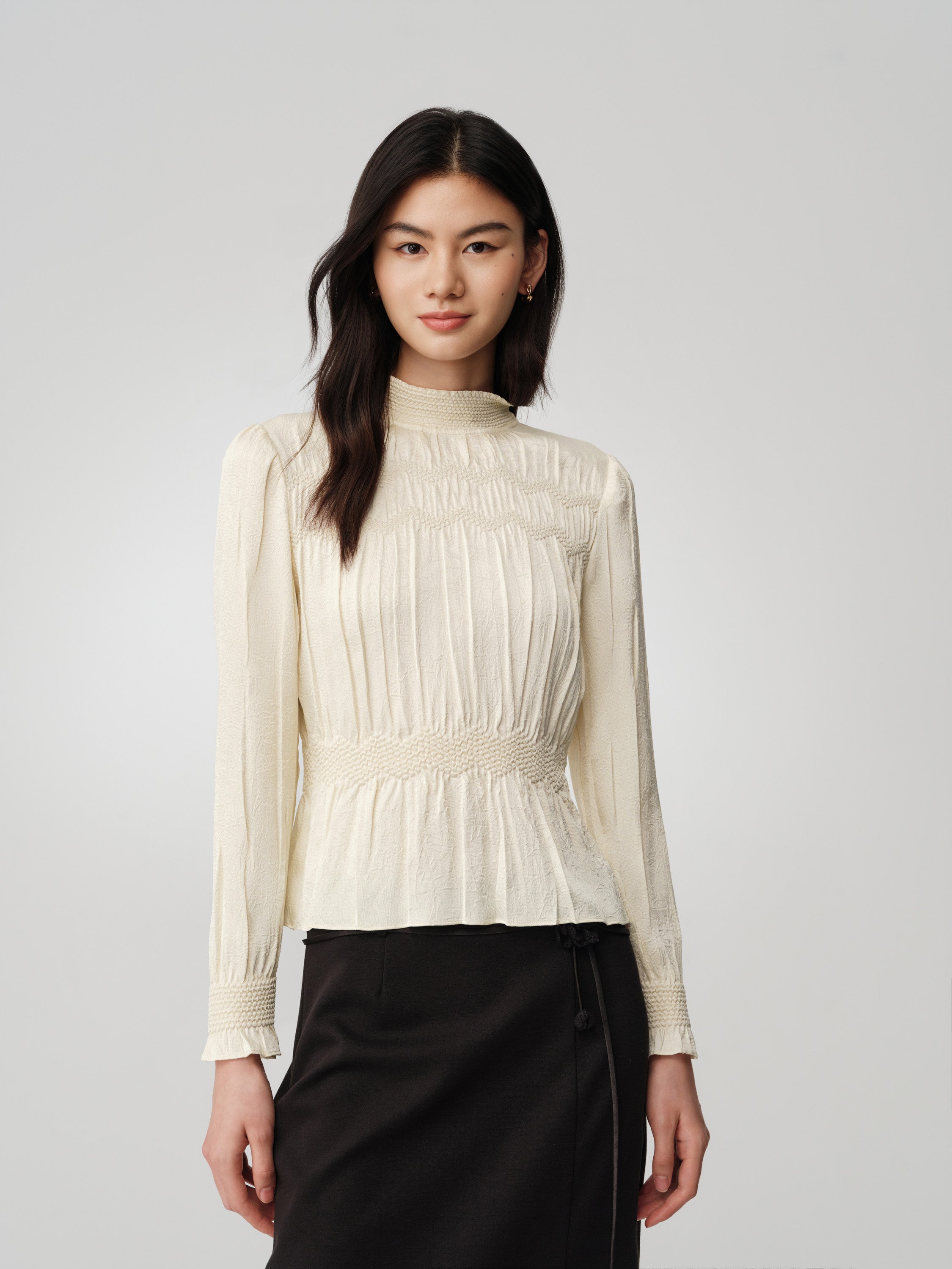 Silk Double-Face Satin Micro-Pleat Mandarin Collar Top