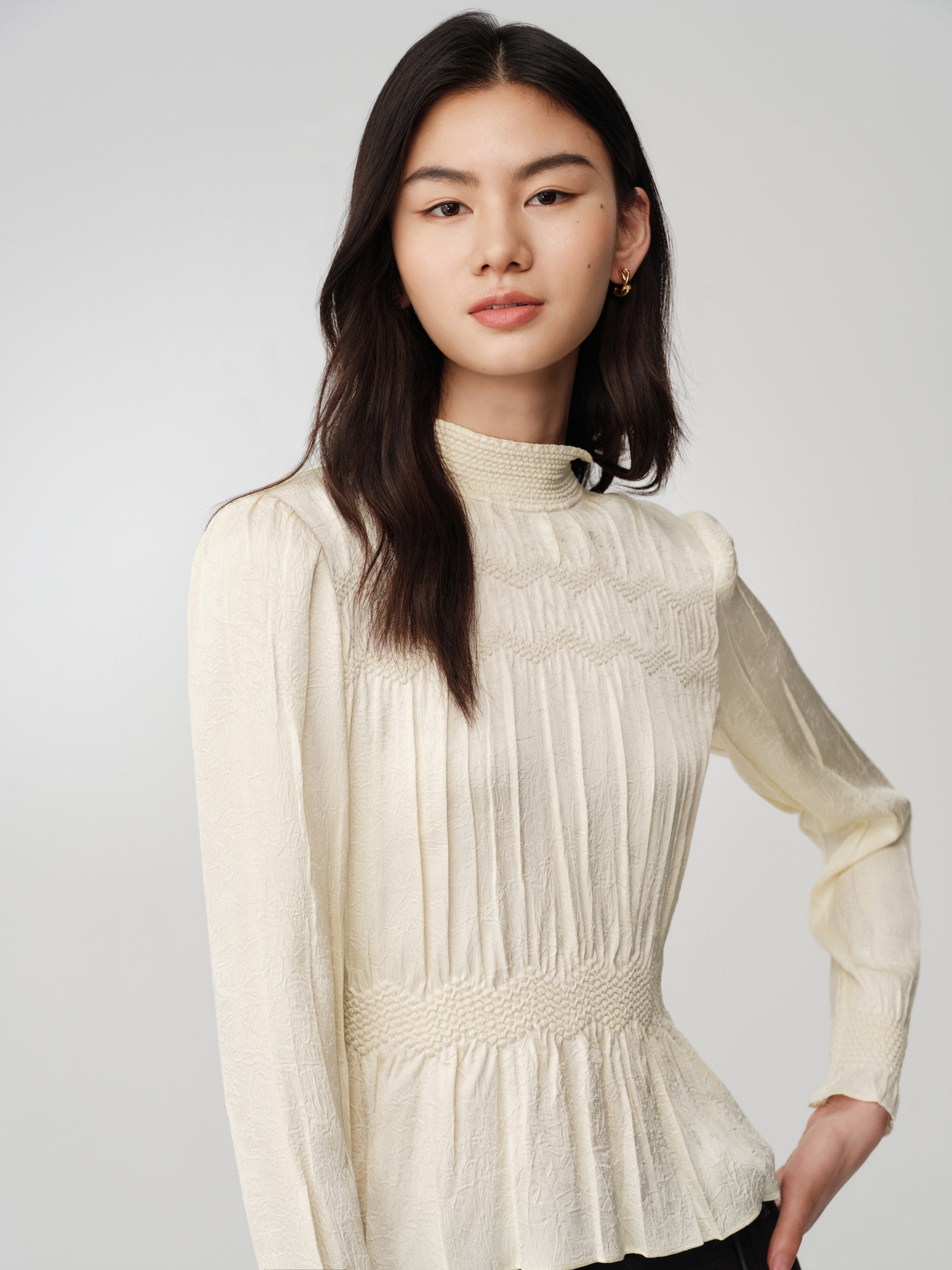 Silk Double-Face Satin Micro-Pleat Mandarin Collar Top