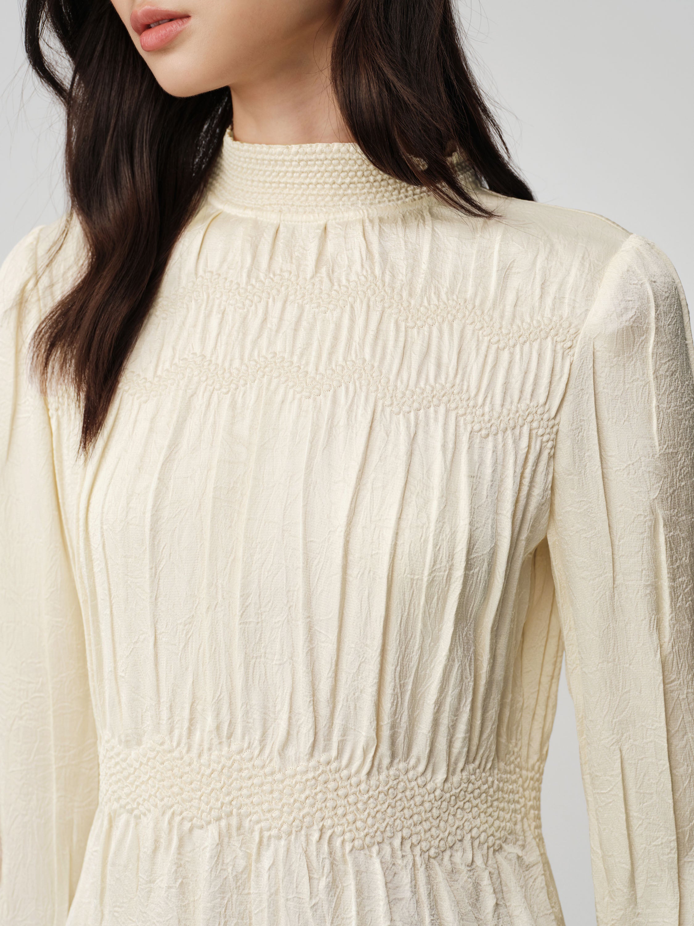 Silk Double-Face Satin Micro-Pleat Mandarin Collar Top