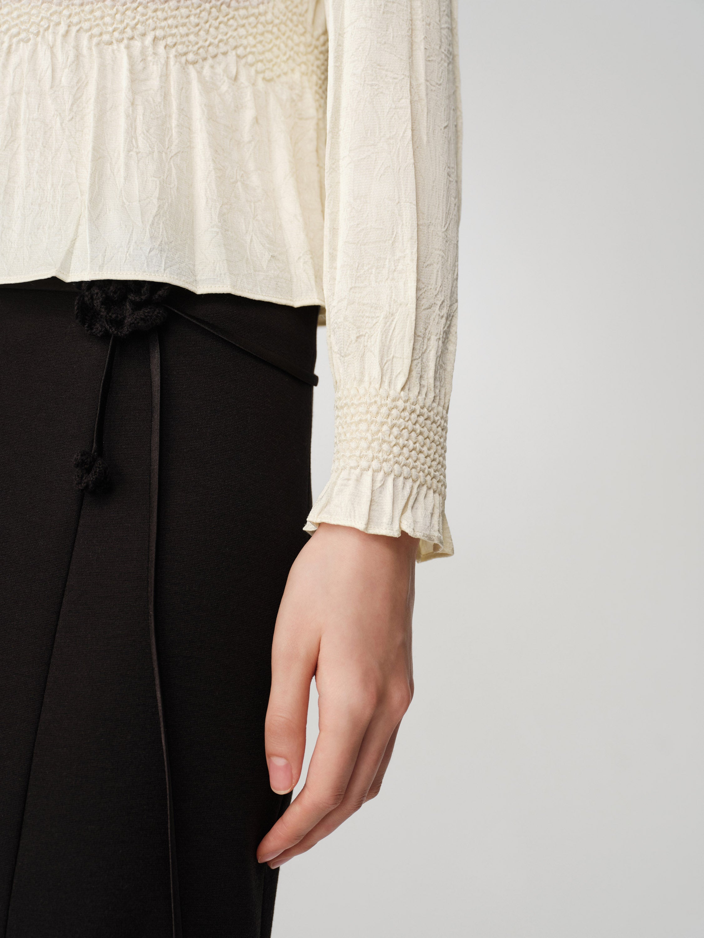Silk Double-Face Satin Micro-Pleat Mandarin Collar Top
