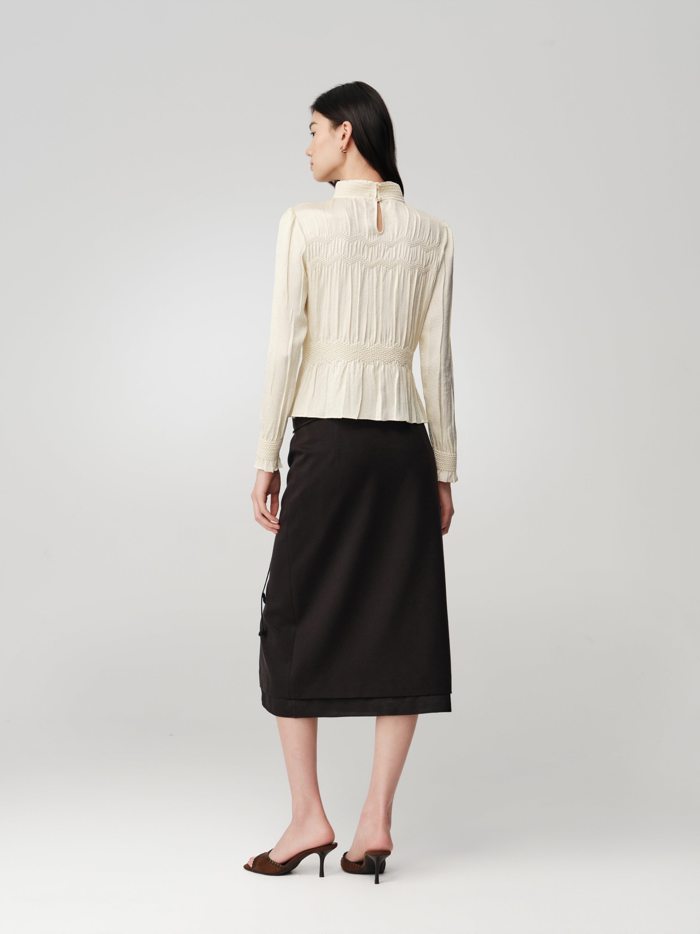 Silk Double-Face Satin Micro-Pleat Mandarin Collar Top