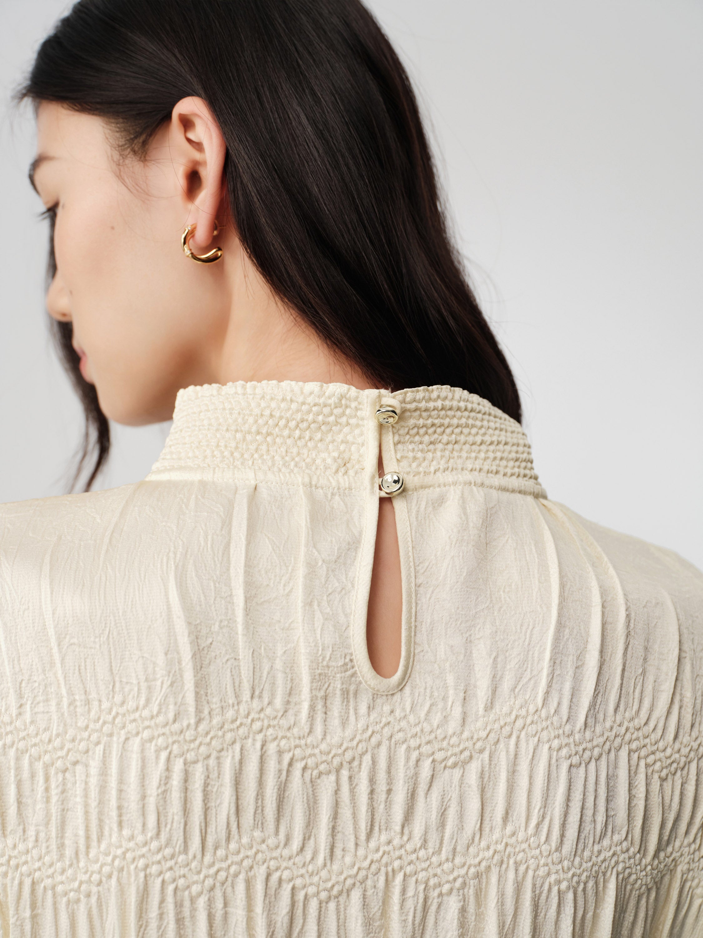 Silk Double-Face Satin Micro-Pleat Mandarin Collar Top