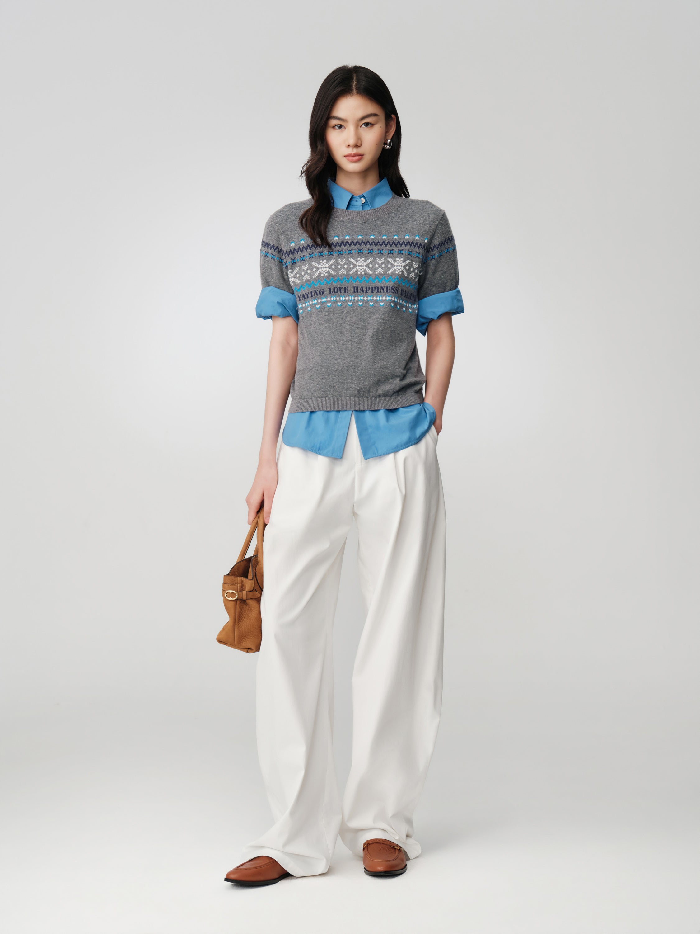 EP YAYING Fair Isle Vintage Jacquard Short-Sleeve Knit Top
