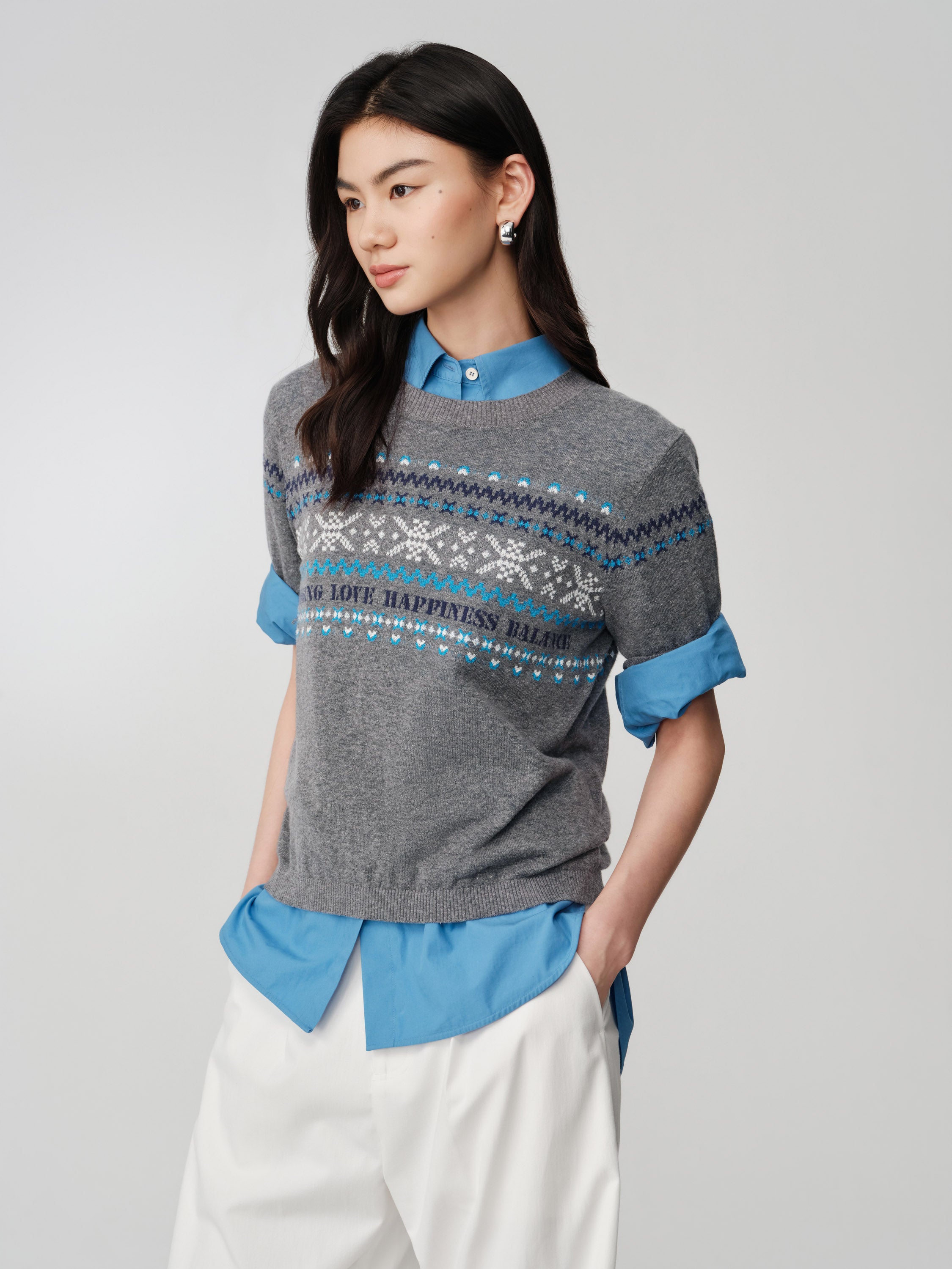 EP YAYING Fair Isle Vintage Jacquard Short-Sleeve Knit Top
