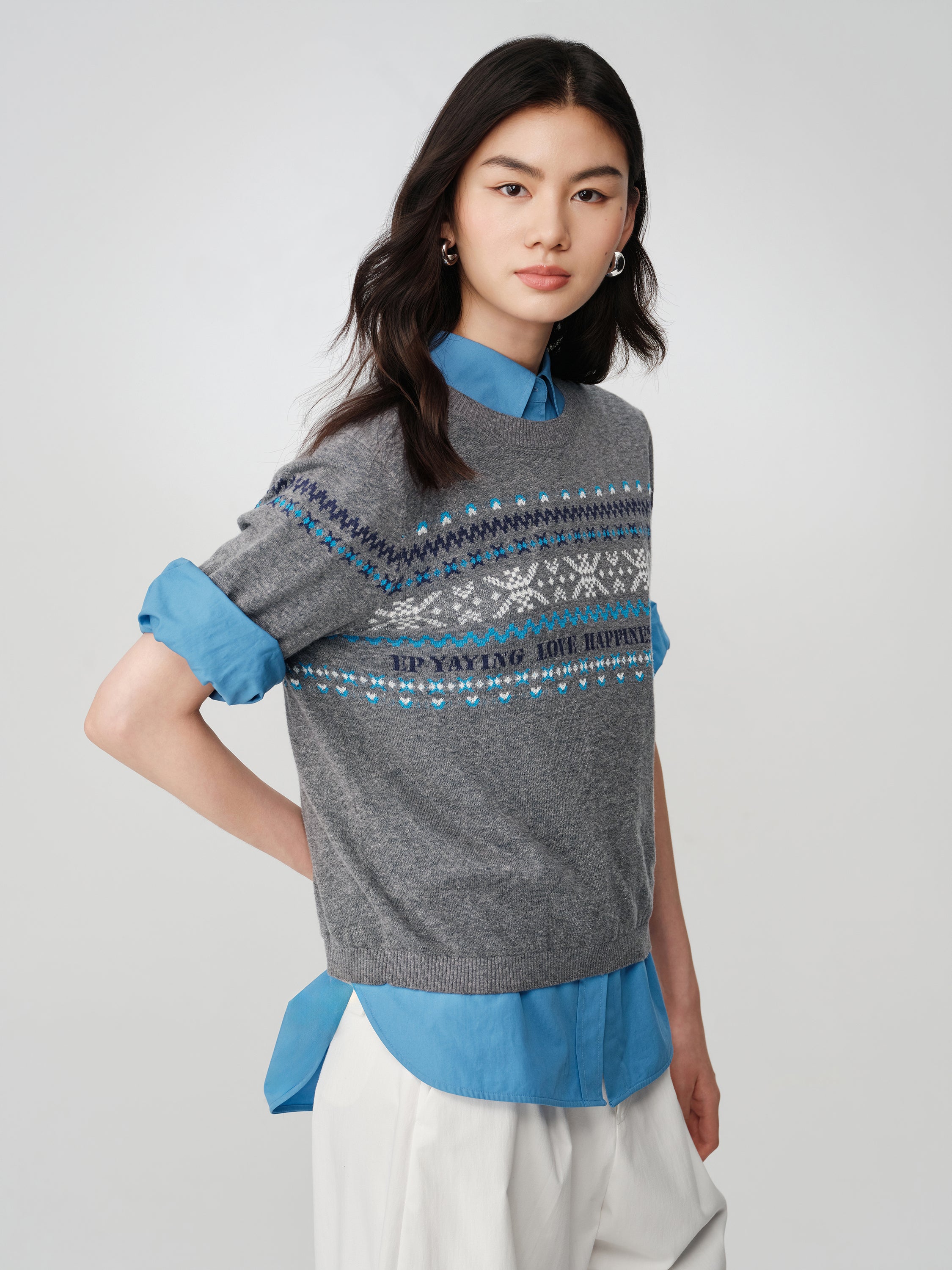 EP YAYING Fair Isle Vintage Jacquard Short-Sleeve Knit Top