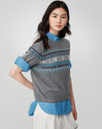 EP YAYING Fair Isle Vintage Jacquard Short-Sleeve Knit Top