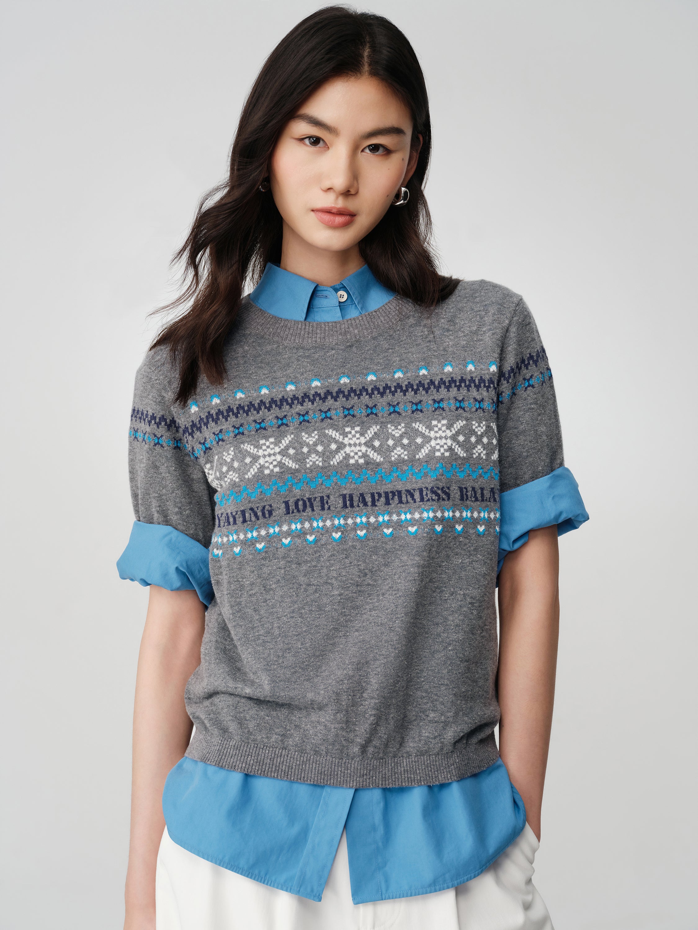 EP YAYING Fair Isle Vintage Jacquard Short-Sleeve Knit Top