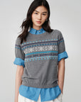 EP YAYING Fair Isle Vintage Jacquard Short-Sleeve Knit Top